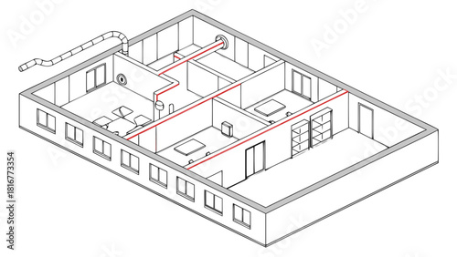 Architects drawing interior layout while engineers check ventilation ducts being installed by workers 
