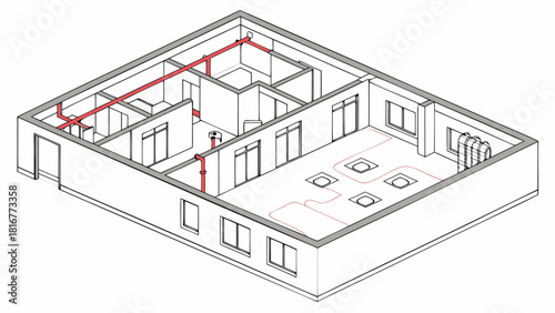 Architects drawing interior layout while engineers check ventilation ducts being installed by workers on site