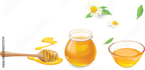 Honey jar dipper bowl and chamomile flowers on white