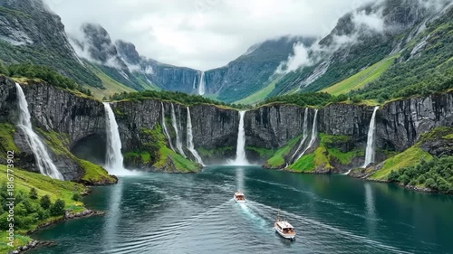 Picturesque view of the langfoss waterfall in norway with boats on the water