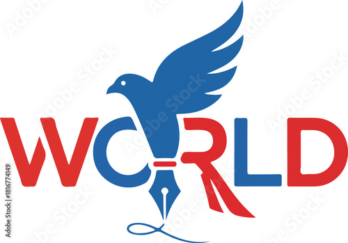 World" text with flying bird and fountain pen logo design.