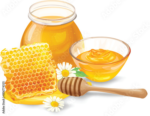 Honey jar honeycomb bowl and wooden dipper with daisies