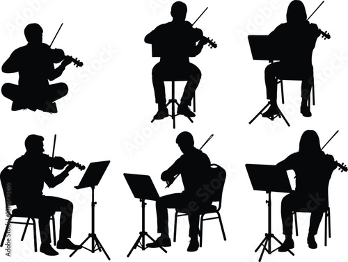 Musicians Silhouettes Playing Violin with Music Stands, Classical, Orchestra, Solo Performance, Black and White Vector Illustration Set