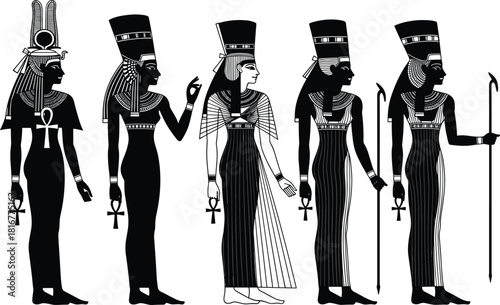 Ancient Egyptian Goddesses and Queens Silhouettes, Black and White Vector Illustration Set, Hieroglyphic Style, Pharaoh, Mythology, History