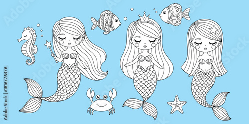 Cartoon mermaids with sea creatures, underwater fantasy scene with crab, fish, seahorse, starfish, flat vector illustration for kids