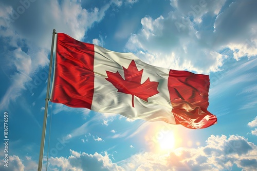 Canadian flag waves in a bright blue sky with sun Canada Image