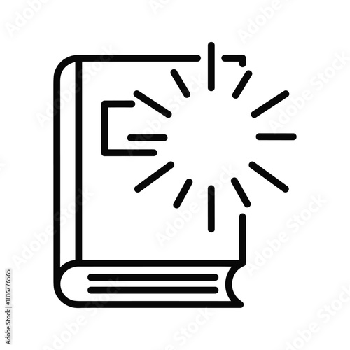 Simple black and white line icon of a glowing book radiating light, isolated on