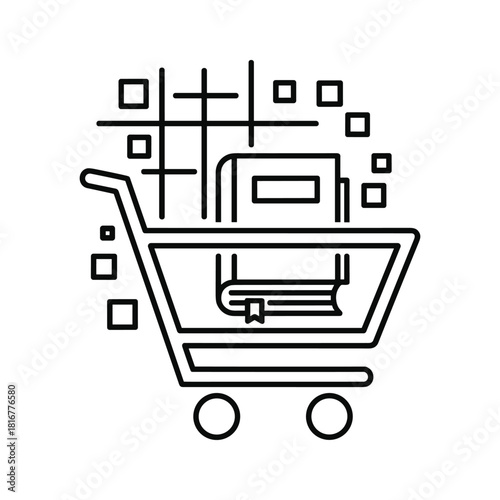 Outline icon of a shopping cart filled with a book, representing online book purchase or digital library access, isolated on