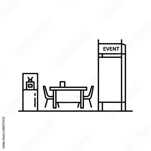 Simple line art icon representing a modern event booth setup with a display stand, table, and chairs isolated on