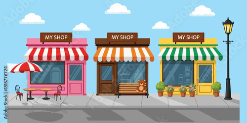 Cartoon storefronts, cozy shops, café table, teddy bear bench, flower pots, small business, cheerful street, flat vector illustration