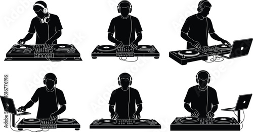 DJ Silhouettes Mixing Music on Turntables and Laptop, Wearing Headphones, Black and White Vector Illustration Set, Club Party