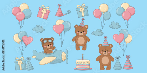 Birthday party teddy bears with balloons, airplane, gifts, cake, festive celebration for kids design and decor, flat vector illustration