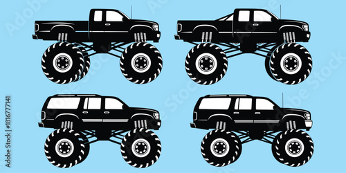 Black monster trucks with oversized tires, off-road suspension, pickup and SUV style, rugged vehicle design, flat vector illustration