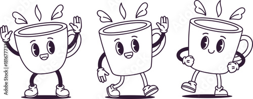 Cartoon coffee mugs with faces, arms, legs, cheerful expressions, splashing liquid, monochrome style, flat vector illustration