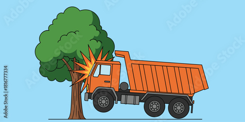 Dump truck crash, cartoon accident, tree impact, construction vehicle, safety scene, kids illustration, road hazard, flat vector illustration
