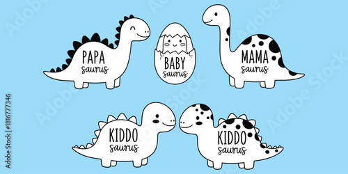 Dinosaur family, cartoon characters, papa saurus, mama saurus, kiddo saurus, baby dinosaur, cute reptiles, flat vector illustration
