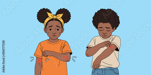 Children with skin irritation, eczema symptoms, allergic reaction, scratching arms, red patches, discomfort, cartoon style, flat vector illustration