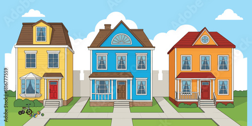 Colorful cartoon suburban houses with toys, architectural home illustration for kids design and real estate themes, flat vector illustration