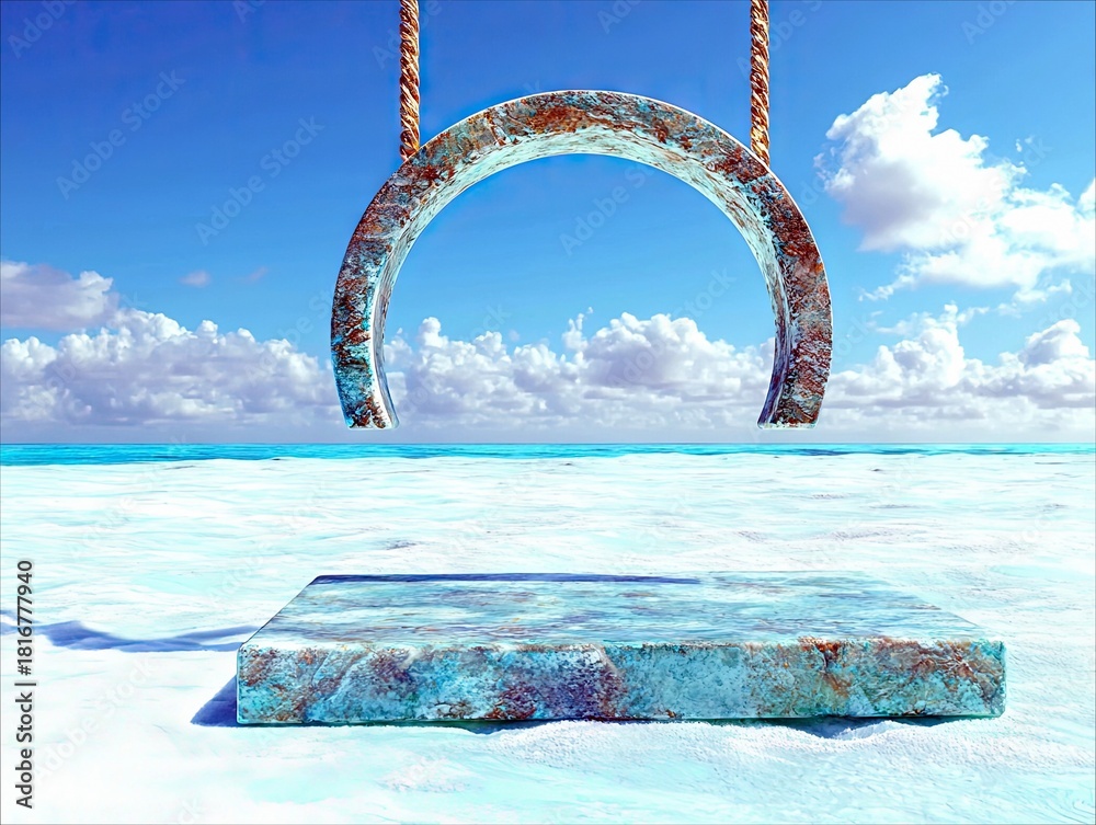 Fototapeta premium A weathered, arch-shaped stone swing hangs from ropes over a white sand beach. In front of it, a rectangular stone pedestal rests on the sand. The background fe