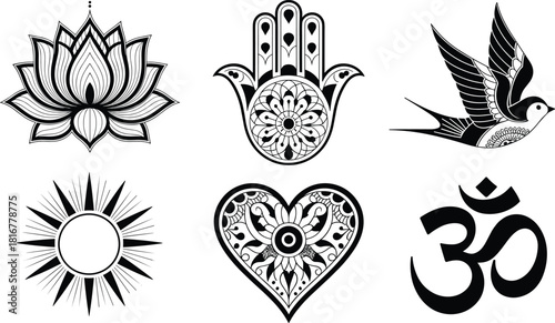 Spiritual and Symbolic Vector Icons Set with Detailed Line Art, Featuring Lotus Flower, Hamsa Hand, Om Symbol, Heart, Sun, and Swallows for Wellness and Yoga.