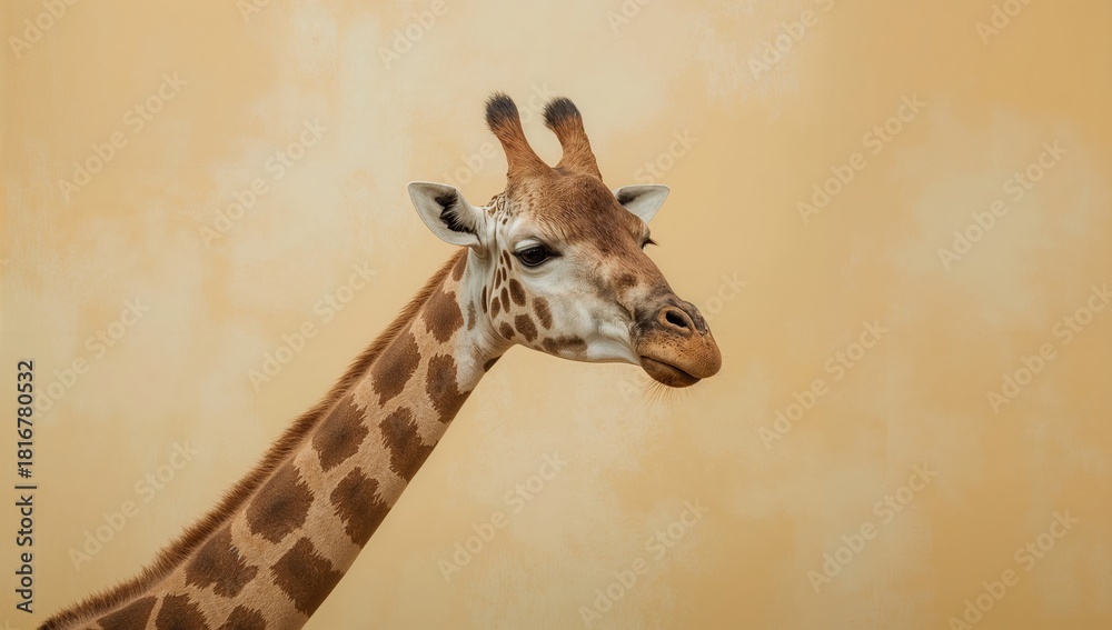 Obraz premium Giraffe portrait against beige background featuring long neck, spots, and distinctive horns in minimalist style
