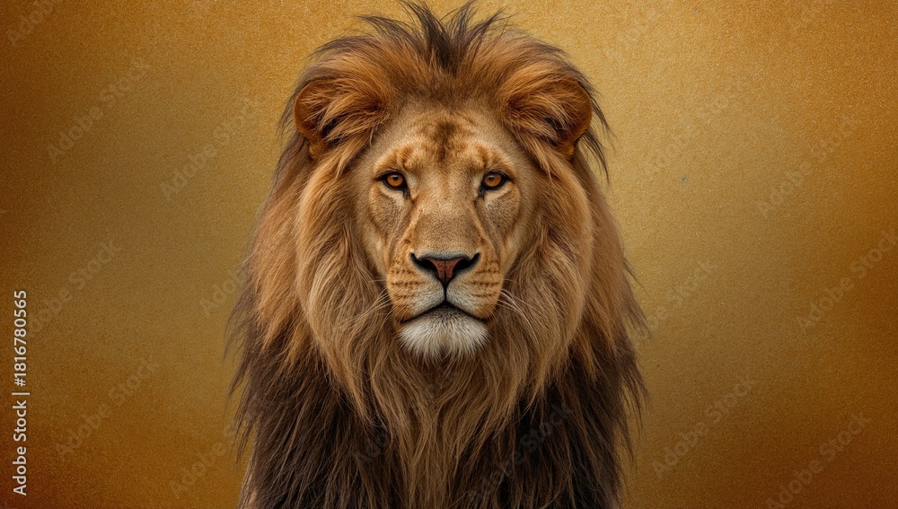 Obraz premium Majestic lion portrait with golden mane against warm textured background, powerful wild animal symbolizing strength and leadership