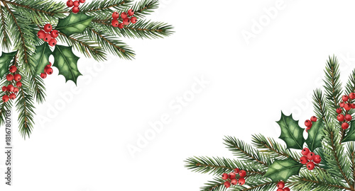 Watercolor Christmas holiday frame with pine branches, red berries, and green holly leaves on a clean white background, perfect for seasonal greetings and winter designs.