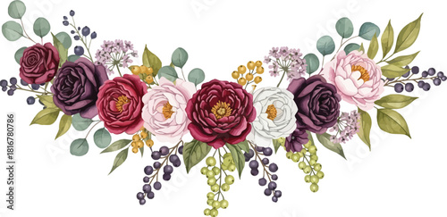 Elegant watercolor floral garland arrangement featuring burgundy, pink, and white peonies, roses, eucalyptus leaves, and berries, perfect for wedding invitations and romantic designs.