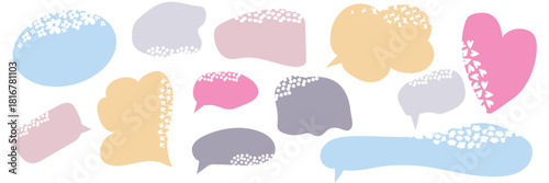 A set of colorful speech bubble frames with cute pastel doodle shapes, decorative floral accents and trendy hand-drawn comic elements for social media, stickers, planners, journal and scrapbook.