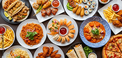 Wallpaper Mural Variety of fast casual foods from different cuisines like sushi, kebabs, wraps, pizza and fried snacks served together for a rich and satisfying meal experience. Torontodigital.ca