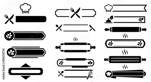 Collection of kitchen vector frames and text dividers featuring chef hats, cutlery, and rolling pins for restaurant menu and recipe card design.