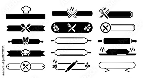 Vector set of cooking banners and frames featuring chef hats, forks, knives, and rolling pins for menu and recipe design templates.