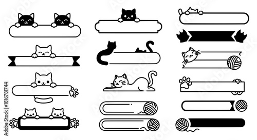 Set of cute cat vector frames and text dividers featuring peeking kittens, paw prints, and yarn balls for black and white pet lover label designs.