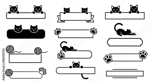 Vector collection of cat banners and frames featuring peeking kittens, paw prints, and yarn balls for pet friendly text labels and design elements.