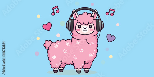 Pink cartoon llama with headphones, cheerful music lover character, surrounded by notes and hearts, fun design, flat vector illustration