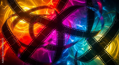 Abstract vibrant light painting illuminates tangled film reels creating a mesmerizing and colorful cinematic art form
