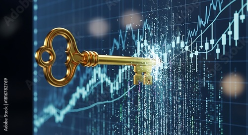 Golden key unlocking business success against financial chart background