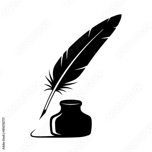 Elegant Quill Pen and Inkwell Silhouette for Writing and Calligraphy.