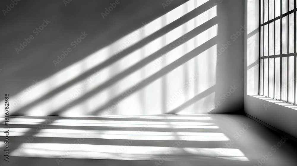 Obraz premium An interior scene of an empty room with a large window casting dramatic diagonal light and shadow patterns across the walls and floor. The lighting is bright an