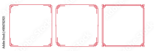 Icon Sheet Elegant Traditional Chinese Asian Square Border Frame Elements Collection in Red Classic Ornamental Vector Line Art for Cultural Decorations, Borders, Invitations 