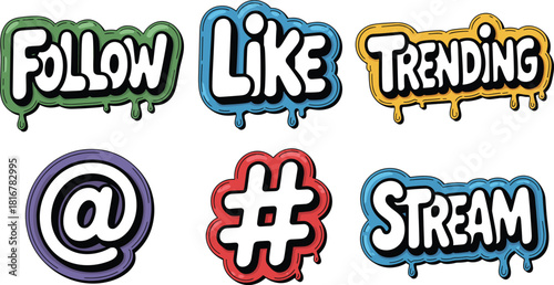 Vibrant Vector Set of Social Media Graffiti Bubble Text and Icons: Follow, Like, Trending, Hashtag, At Symbol, and Stream with a Colorful Dripping Effect.