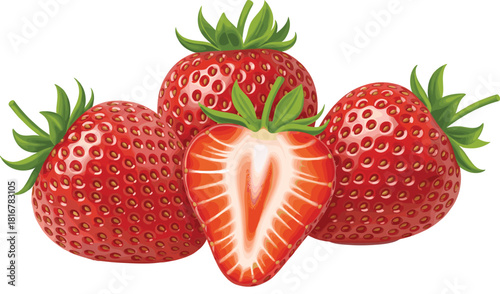 Cluster of realistic fresh strawberries with green leaves and a half-cut slice, symbolizing healthy organic fruit, summer dessert, natural sweetness, and nutritious food ingredients.
