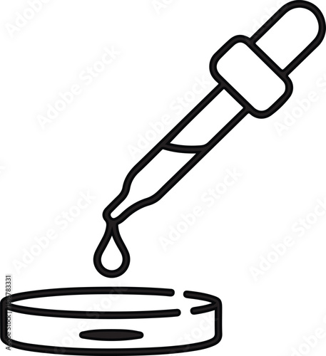 Scientific laboratory dropper dispensing a single liquid drop into a petri dish vector line illustration.