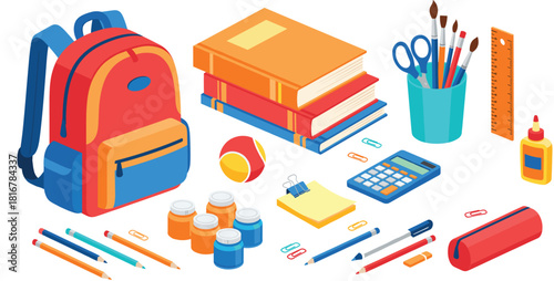 Isometric set of back-to-school and office supplies including backpack, books, pencils, and calculator, symbolizing education, study, creativity, and stationary accessories.