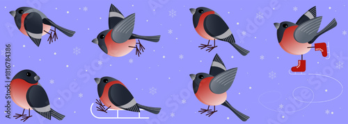A delightful set of seven funny bullfinches
