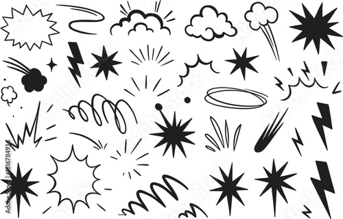 Line speed cartoon effect, boom explosive motion line element set. Comic boom burst, explosive smoke, line speed cartoon vector icon. Hand drawn sketch doodle action effect.