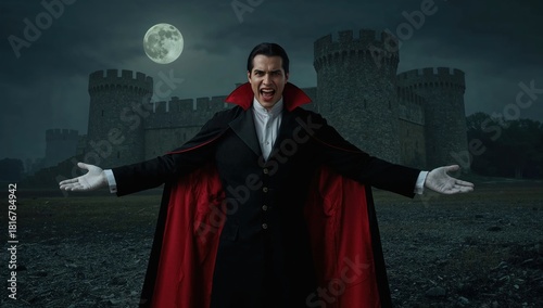 Vampire dracula in black cape at night castle with full moon, gothic horror character, halloween costume, menacing expression, medieval fantasy scene