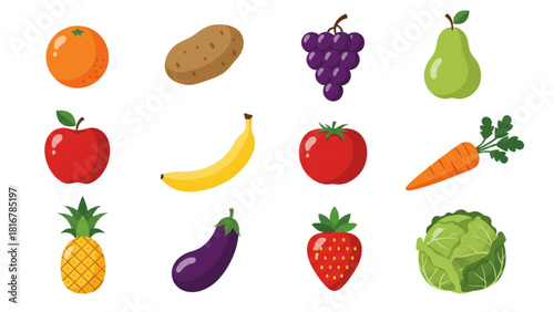 Fresh Fruits and Vegetables Vector Illustration Set: Organic Healthy Food Icons and Produce Elements on White Background