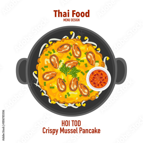 An appetizing vector illustration of Hoi Tod, the famous crispy Thai mussel pancake, served with bean sprouts and chili sauce, crafted in a modern flat design. Ideal for menu culinary content.