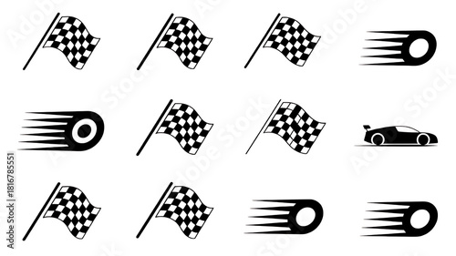 Checkered Flag Racing Elements: A dynamic compilation of racing elements, featuring the iconic checkered flag and speed streaks, representing motion, velocity, and the thrill of the track.